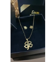 Çelik Altın Kaplama Yonca Kolye ve Küpe Set (Altın / Dore)