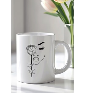 Minimal Gül ve Kadın Yüzü Desenli 330ml Baskılı Beyaz Seramik Kupa Bardak
