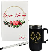 Kişiye Özel Çiçek Tasarımlı Anneye Hediye Defter Kalem Ve Siyah Termos Mug Seti