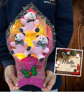 Yılbaşı Hediyesi Led Işıklı Büyük Boy Pembe Ayıcıklı Fuşya Tasarım Ayıcık Buketi