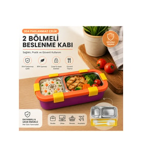 Paslanmaz Çelik 2 Bölmeli Sızdırmaz Kapaklı Yemek Kabı