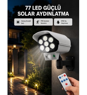 77 LED'li Güneş Enerjili Güvenlik Lambası ve Kukla Kamera – Hareket Sensörlü, 2400mAh Pilli