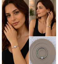 Premium Gümüş Renk Parlak Yuvarlak Taşlı 316L Çelik Charm Bileklik (18cm Uzunluk)