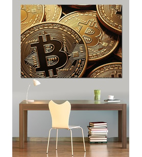 Altın Bitcoin Ve Para Tablosu Dekoratif Kanvas - Mdf Ahşap Tablo
