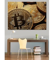 Altın Bitcoin Ve Para Tablosu Dekoratif Kanvas - Mdf Ahşap Tablo