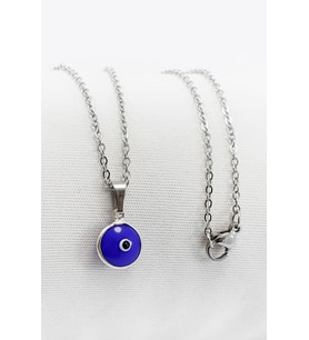 Çerçeveli Saks Mavisi Nazar Boncuklu Bijuteri Kolye (Çelik Zincir 60 cm), Gümüş Renkli