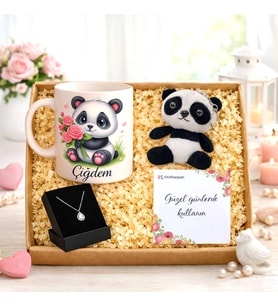 Kişiye Özel Kupa Bardak Panda Peluş Anahtarlık Damla Kolye Kutulu Hediye Seti