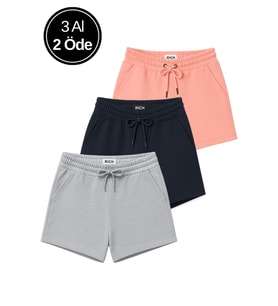 Kadın 3'lü Paket Pembe-Lacivert-Gri Rahat Kesim Yumuşak Kumaş Beli Lastikli Yazlık Cepli Mini Şort