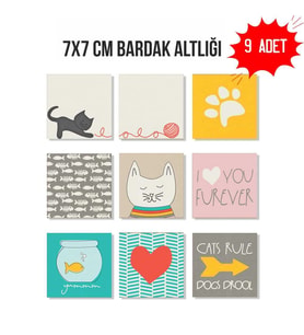 Sevimli Kedi & Pati Desenli 7x7 cm Bardak Altlığı – 9’lu Set Dekoratif Kare Tasarım