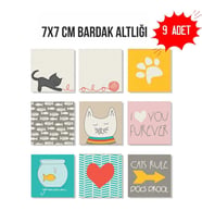 Sevimli Kedi & Pati Desenli 7x7 cm Bardak Altlığı – 9’lu Set Dekoratif Kare Tasarım