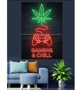 Gaming Chill Neon Yazı Dekoratif Kanvas - Mdf Ahşap Tablo