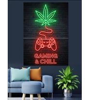 Gaming Chill Neon Yazı Dekoratif Kanvas - Mdf Ahşap Tablo