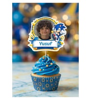 Kişiye Özel Hızlı Mavi Kirpi Temalı 6 Adet Cupcake Süsü 8 cm  İsimli Fotoğraflı Doğum Günü