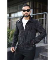 Vintage Kadife Deri Yaka Detaylı Ceket (Siyah)