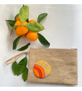 El Yapımı Punch İşlemeli Keten Clutch - Gün Batımı Desenli, Doğal ve Şık Tasarım