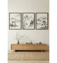Japon Minimalist Manzara 3’lü Ahşap Çerçeveli Tablo Seti