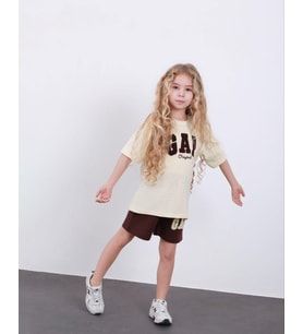 Cg Kids Krem Kahve Süzüne Nakışlı Kız Çocuk Tshirt & Şort Alt Üst Takım Süper Kalite (Krem-Taba)