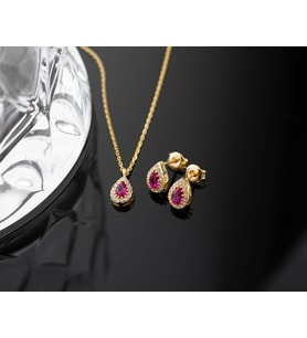 925 Ayar Gümüş Temmuz Ayı Doğum Taşı ( Ruby ) Kolye - Küpe Seti