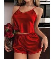 Amora Secret Kırmızı İnce Askılı Dantel İşlemeli Saten Şortlu Takım