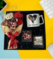 Kişiye Özel Premium  Fotoğraflı Resimli Ayıcık Buketi Resimli Çay Ve Nescafe Fincanı Ahşap Siyah Masaüstü Çerçeve
