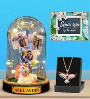 Premium Set - Kişiye Özel Led Işıklı Fanus ve Renkli Zümrüdü Anka Kuşu Kolyesi (Model 5)