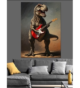 Gitar Çalan Komik Dinozor Tablosu Dekoratif Kanvas - Mdf Ahşap Tablo