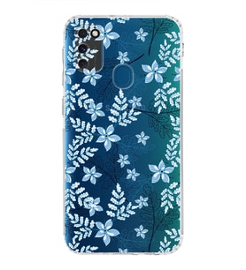 Samsung Galaxy M30s  Kamera Korumalı Kapak Floral Mavi Tasarımlı  Şeffaf  Kılıf