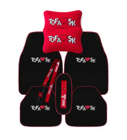 Tofaş 5 Parça Nakışlı Oto Halı Paspas / Tofaş Seyahat Boyun Yastığı & Ayna Askısı & Tampon Çeki İpi (Siyah-Kırmızı)