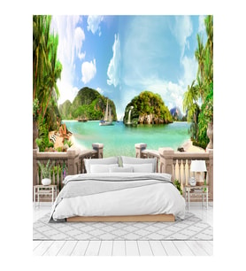 Dreamwall Sahil Manzaralı Balkon Desenli Tekstil Duvar Kağıdı (Çok Renkli)