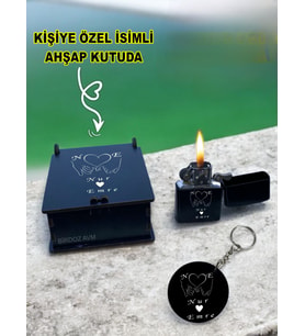 Kişiye Özel Isimli Sevgililer Günü Siyah Benzinli Çakmak Ve Anahtarlık Özel Ahşap Kutusunda