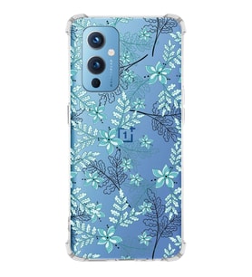 PrintiFy OnePlus 9 Uyumlu Köşe Korumalı Floral Su Yeşili Tasarımlı Şeffaf Silikon Kılıf