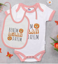 BK Kids Aslan Dayım Tasarımlı Pembe Bebek Body Zıbın ve Mama Önlüğü Hediye Seti-1