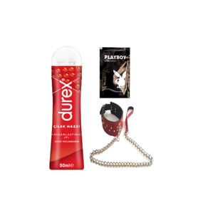 Durex Çilek Hazzı 50 ml Jel + Kırmızı Deri Tasma + Hediye
