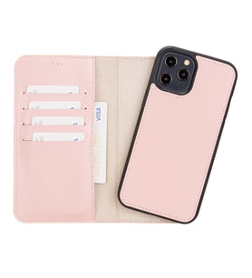Apple iPhone 12 Pro Max Uyumlu Deri Cüzdanlı Kılıf NU2 Pembe
