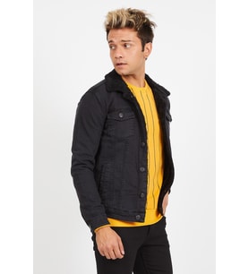 Erkek Siyah Kürklü Füme Renk Eskitmeli Slim Fit Kot Ceket