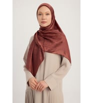 Wafa A1111 Jakarlı Parlak Saten Eşarp 110x110cm - Bej (Kiremit)