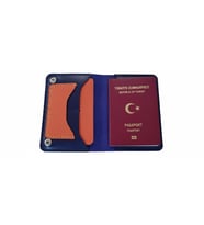 Hakiki Deri Pasaport Kılıfı – Kart Bölmeli El Yapımı Seyahat Cüzdanı (Lacivert-Turuncu)