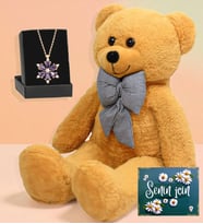Büyük Boy 80 cm Peluş Ayıcık ve Gerçek Ametist Taşlı Lotus Kolye Hediye Seti