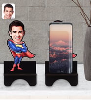 BK Gift Kişiye Özel Süper Adam Karikatürlü Ahşap Biblo Telefon Standı-1