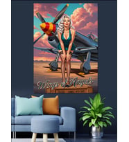 Uçak Önünde Pin-Up Pilot Dekoratif Kanvas - Mdf Ahşap Tablo