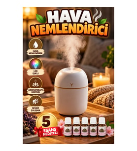 Taşınabilir Mini Hava Nemlendirici – LED Işıklı Aromaterapi Cihazı 5 Esans Hediyeli