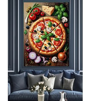 Sebzelerle Süslü Taze Pizza Sunumu Dekoratif Kanvas - Mdf Ahşap Tablo