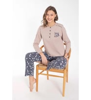 Senfoni Kadın Düğme Yaka Uzun Kol Pamuklu Pijama Takımı 6021 -1 Adet (Bej)