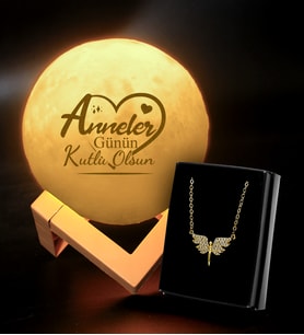 Anneler Gününe Özel 3D Ay Şeklinde Dekoratif Gece Lambası (Standlı) & Melek Kolye