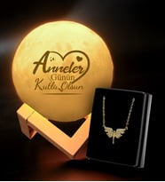 Anneler Gününe Özel 3D Ay Şeklinde Dekoratif Gece Lambası (Standlı) & Melek Kolye