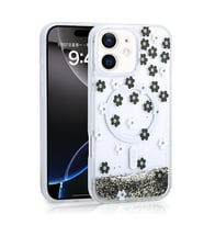 Apple iPhone 12 Uyumlu Kılıf Sıvılı Simli Baskılı Şeffaf Arka Yüzey Zore Mossa Silikon Kapak (Siyah)