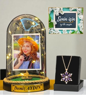 Size Özel Led Işıklı Fanus ve Gerçek Ametist Taşlı Lotus Çiçeği Kolyesi Hediye Seti DN1