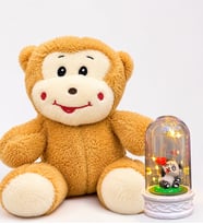 LED Işıklı Sevimli Pandalı Fanus ve Sevimli Mutlu Peluş Maymun Hediye Seti