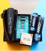 Kişiye Özel 500 ML Deri Çantalı Siyah Çelik Termos & Arko Men Tıraş Köpüğü & Tıraş Bıçağı & Arko Men Tıraş Kolonyası Hediye Seti