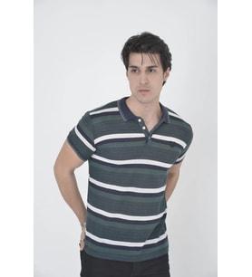 Erkek Polo Yaka tişört Slim Fit Dokuma Çizgili Kısa kol T-Shirt - Haki